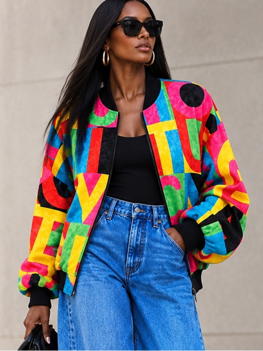Vintage Vibrant Colorful Alphabet Bomber Jacket Size M
